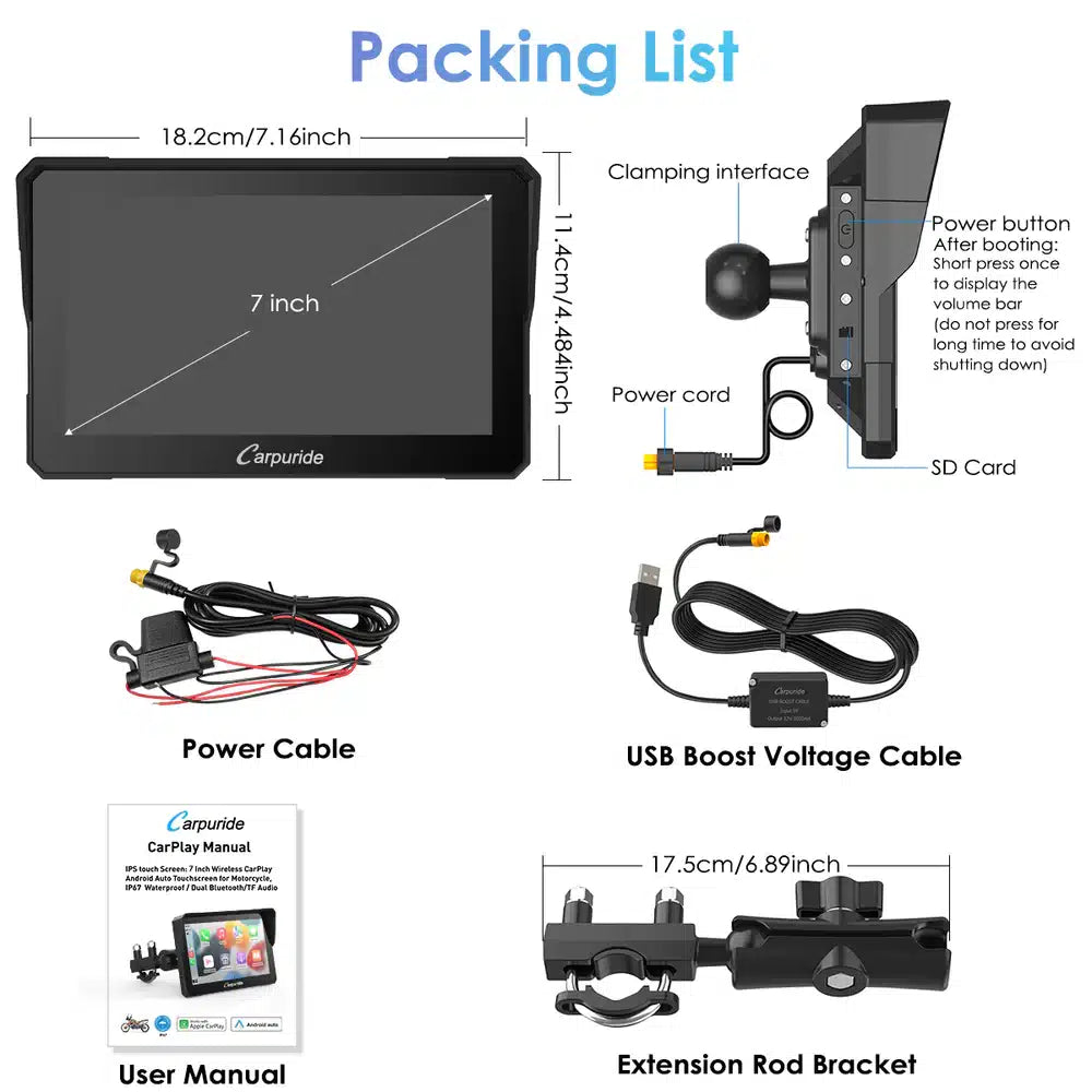 Carpuride – W702 Trådløs Apple Carplay/Android Auto vandtæt skærm til motorcykel