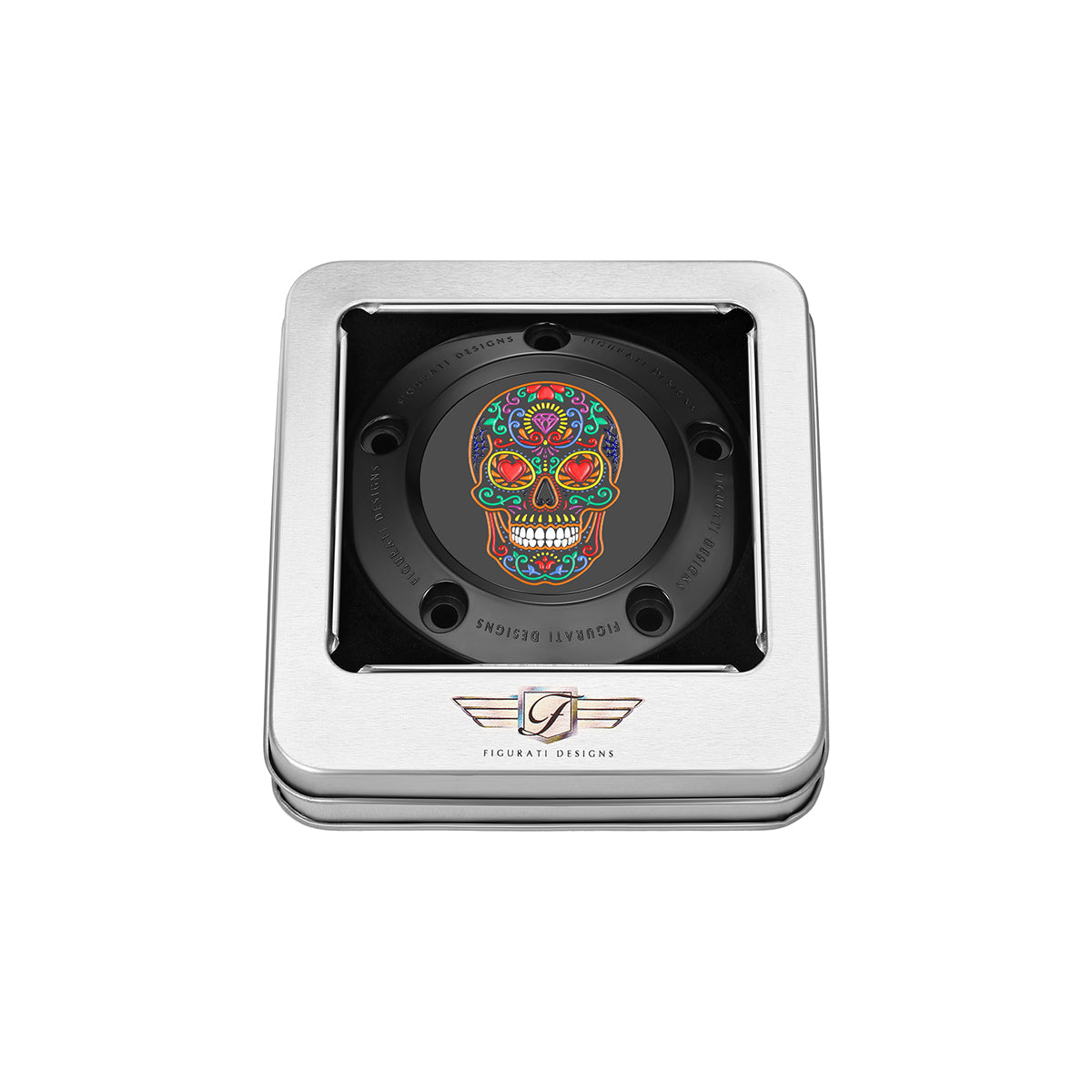 Harley-Davidson Twin Cam Timing Cover i Rustfrit Stål med Sort Sukkerskalle