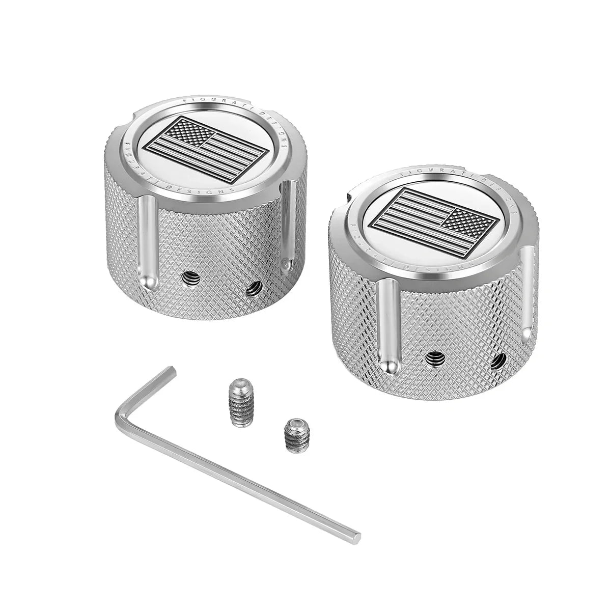 Aksel Covers til forhjul - i Poleret Rustfri Stål med Black American Flag - Harley-Davidson Dyna, Softail & Touring