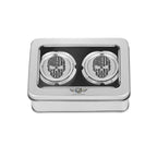 Axle Covers for front wheel - in Polished Stainless Steel with Contrast Cut Skull - Harley-Davidson Dyna, Softail &amp; Touring