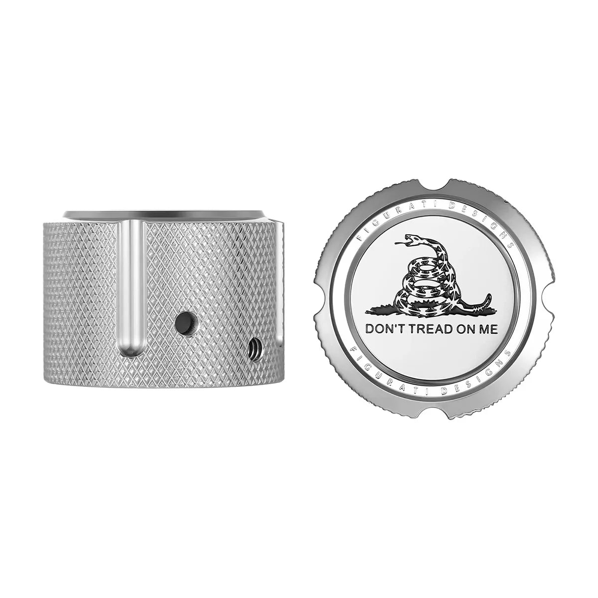 Aksel Covers til forhjul - i Poleret Rustfri Stål med "Don't Tread on Me" - Harley-Davidson Dyna, Softail & Touring