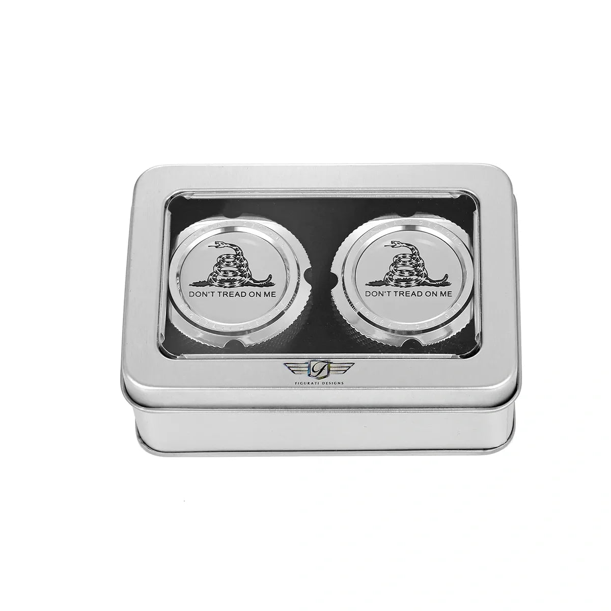 Aksel Covers til forhjul - i Poleret Rustfri Stål med "Don't Tread on Me" - Harley-Davidson Dyna, Softail & Touring