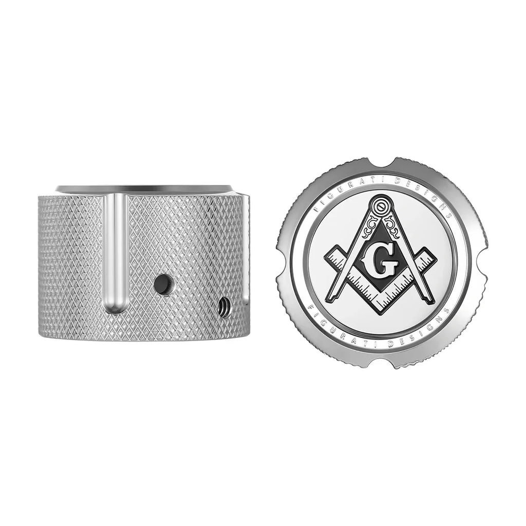 Figurati Aksel Covers til forhjul - i Poleret Rustfri Stål med Black Masonic Emblem - Harley Dyna, Softail & Touring
