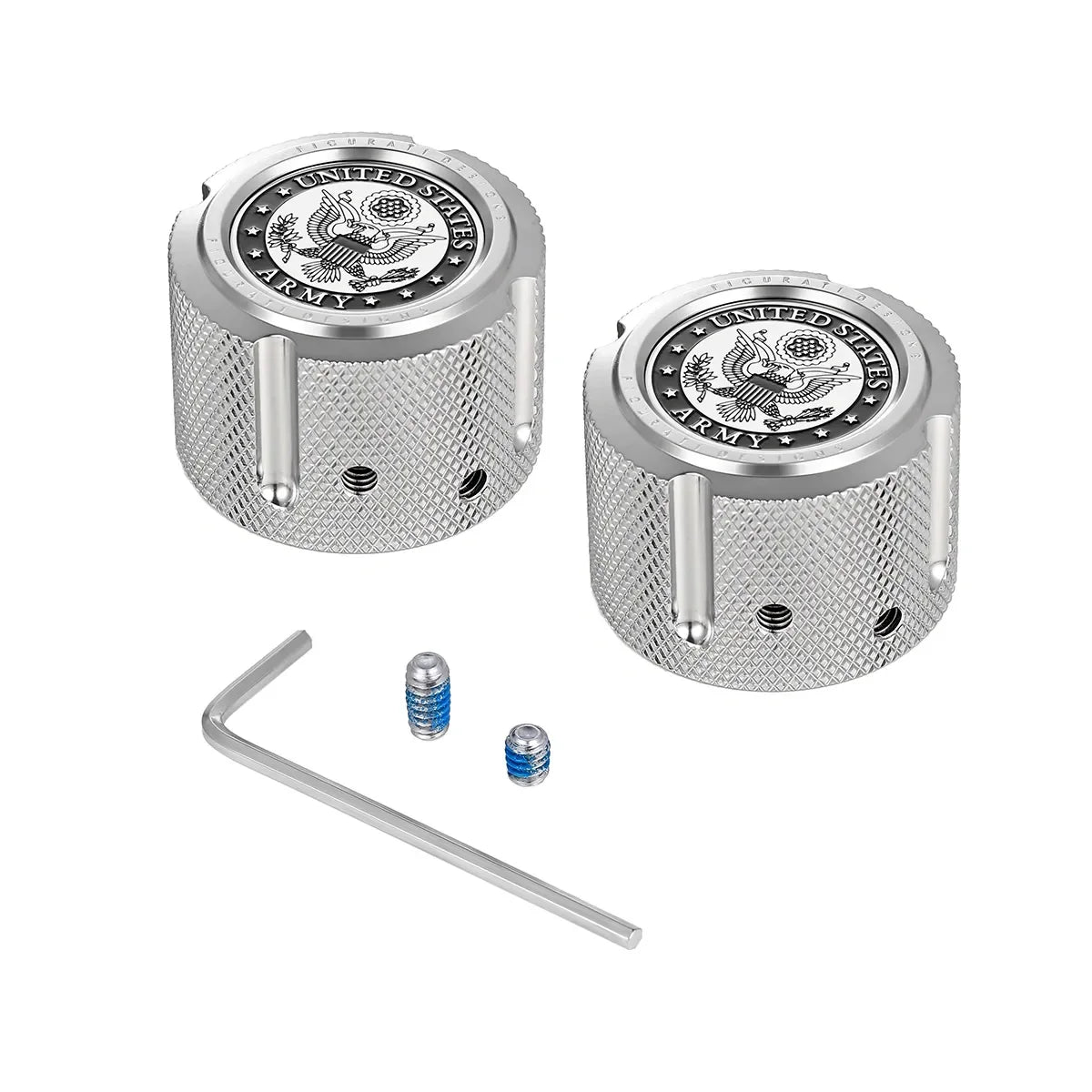 Aksel Covers til forhjul - i Poleret Rustfri Stål med US Army Seal - Harley-Davidson Dyna, Softail & Touring