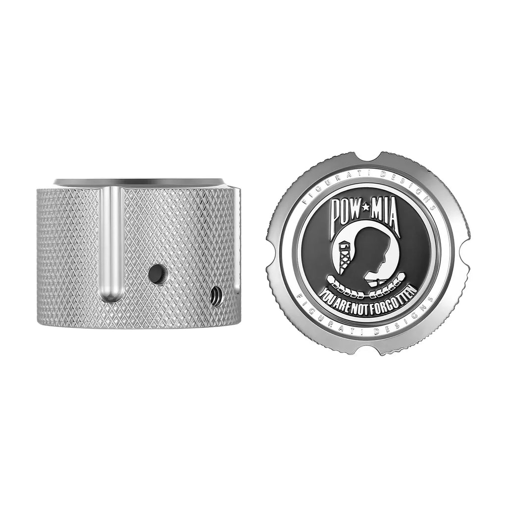 Figurati Aksel Covers for front wheel - in Polished Stainless Steel with POW MIA Seal - Harley Dyna, Softail & Touring