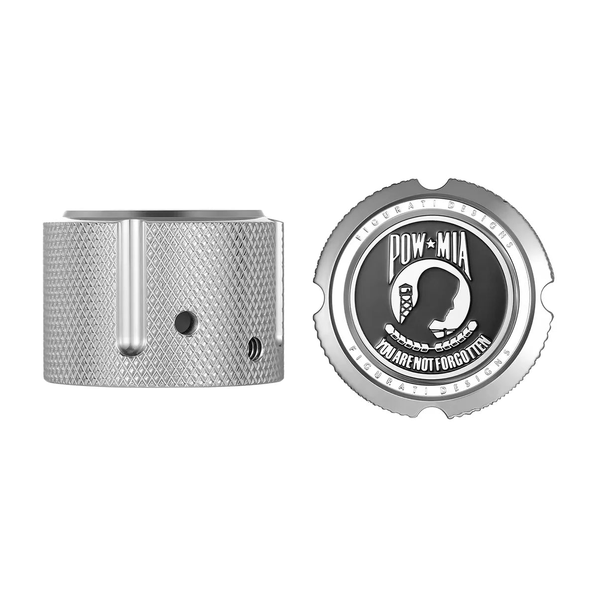 Aksel Covers til forhjul - i Poleret Rustfri Stål med POW MIA Seal - Harley-Davidson Dyna, Softail & Touring