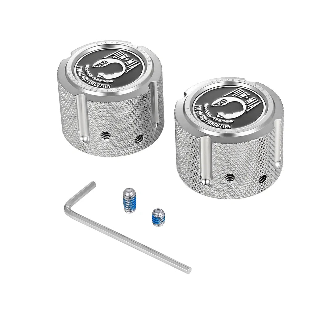 Figurati Aksel Covers for front wheel - in Polished Stainless Steel with POW MIA Seal - Harley Dyna, Softail & Touring