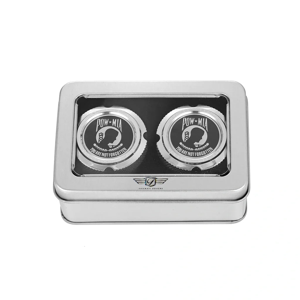 Figurati Aksel Covers for front wheel - in Polished Stainless Steel with POW MIA Seal - Harley Dyna, Softail & Touring