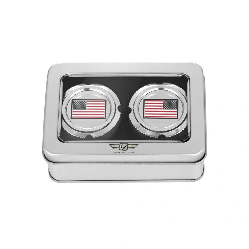 Figurati Aksel Covers til forhjul - i Poleret Rustfri Stål med Red/White/Blue American Flag - Harley Dyna, Softail & Touring