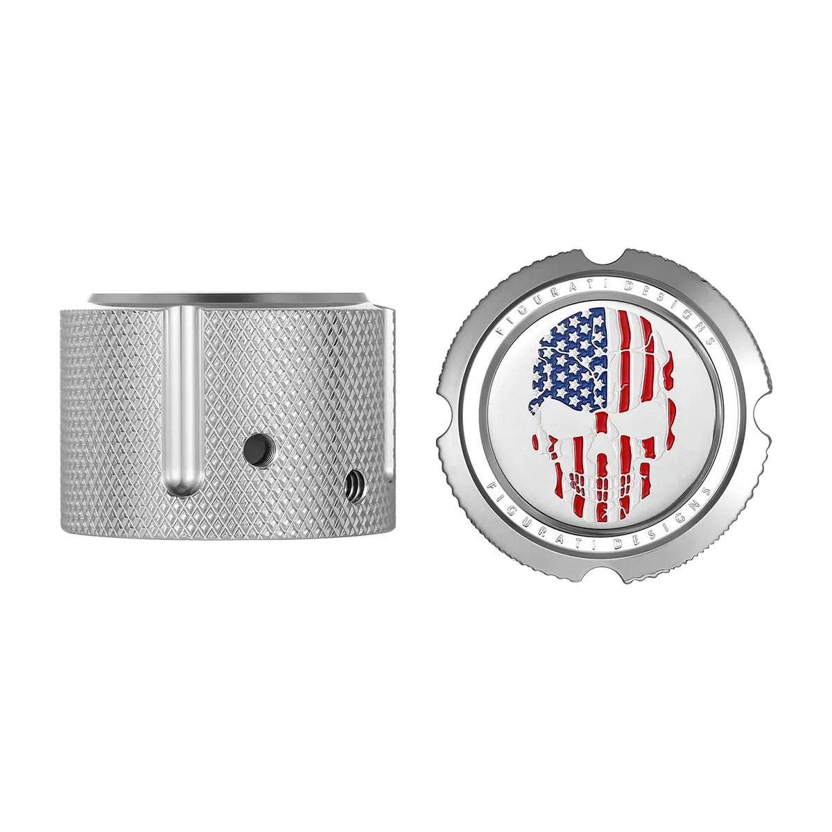 Aksel Covers til forhjul - i Poleret Rustfri Stål med Red/White/Blue American Skull - Harley-Davidson Dyna, Softail & Touring