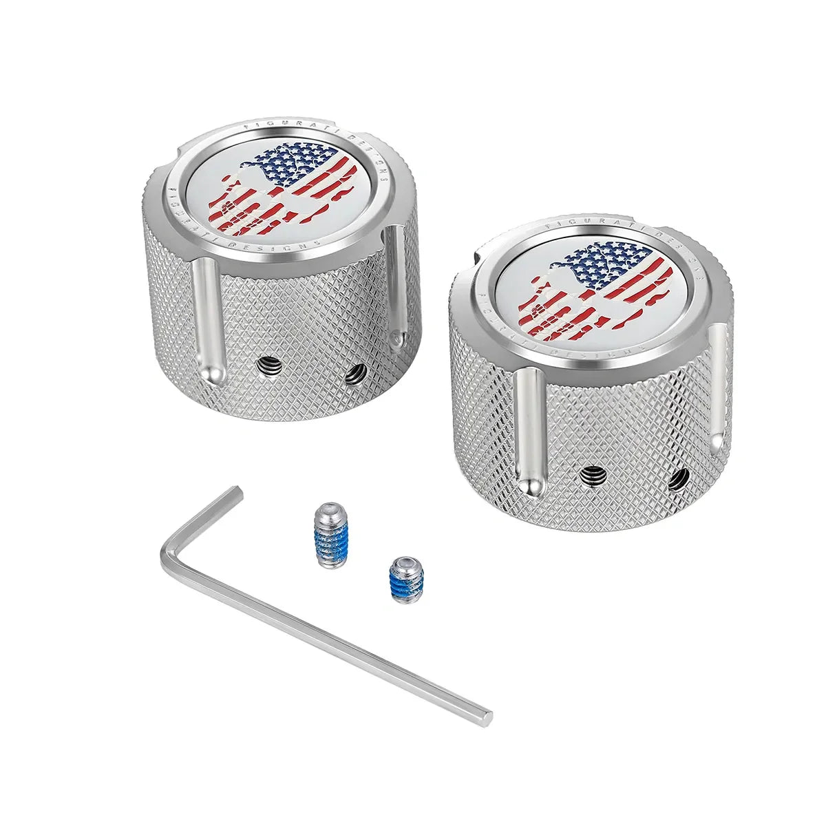 Aksel Covers til forhjul - i Poleret Rustfri Stål med Red/White/Blue American Skull - Harley-Davidson Dyna, Softail & Touring