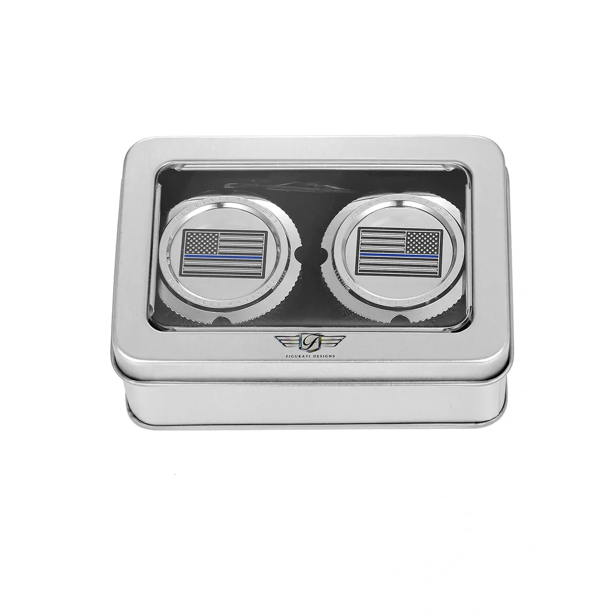 Aksel Covers til forhjul - i Poleret Rustfri Stål med Black/Blue American Flag - Harley-Davidson Dyna, Softail & Touring