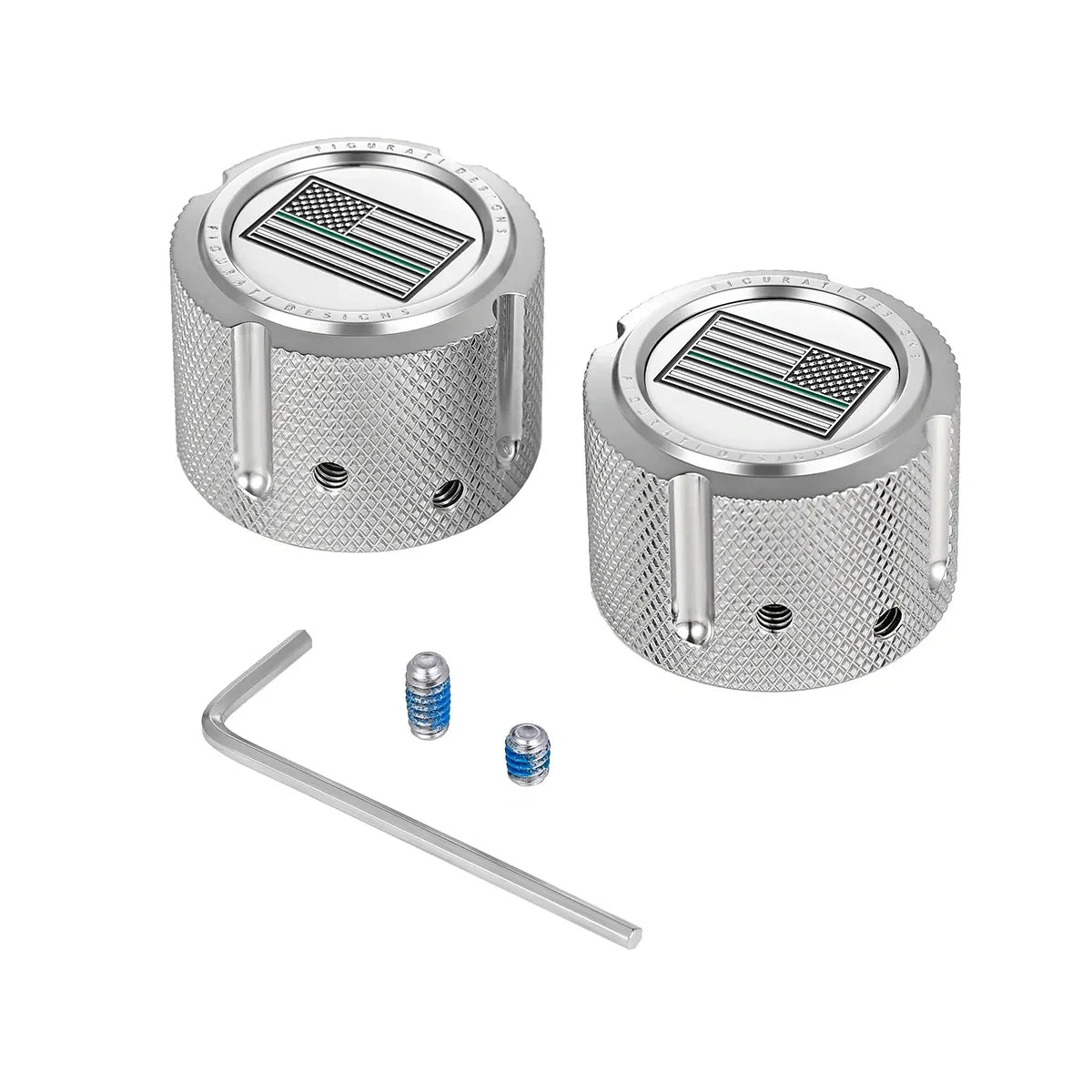 Aksel Covers til forhjul - i Poleret Rustfri Stål med Black/Green American Flag - Harley-Davidson Dyna, Softail & Touring