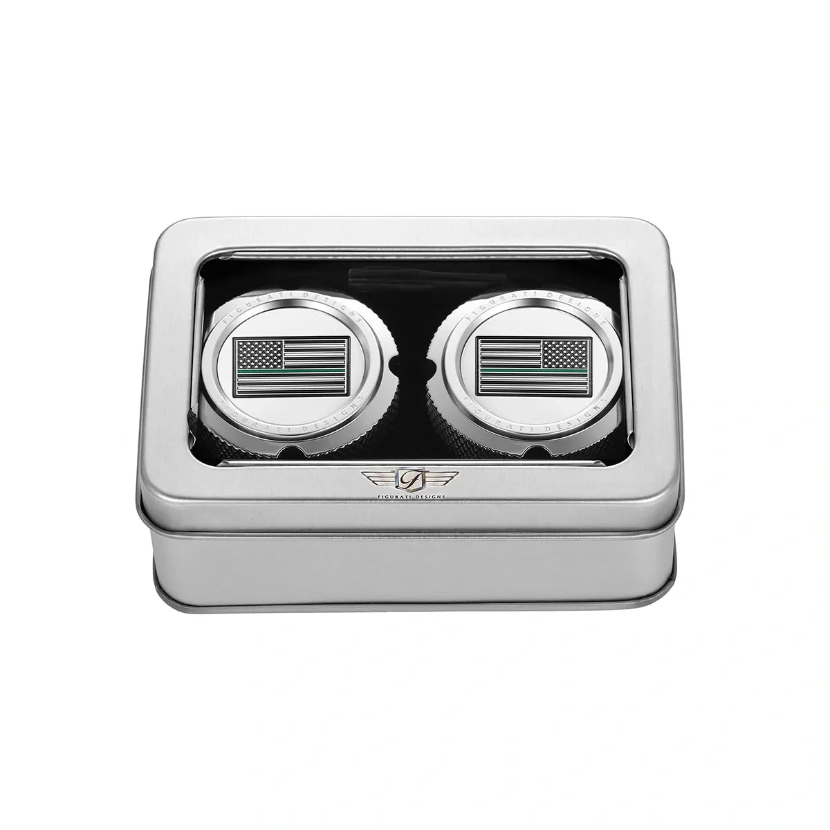 Aksel Covers til forhjul - i Poleret Rustfri Stål med Black/Green American Flag - Harley-Davidson Dyna, Softail & Touring