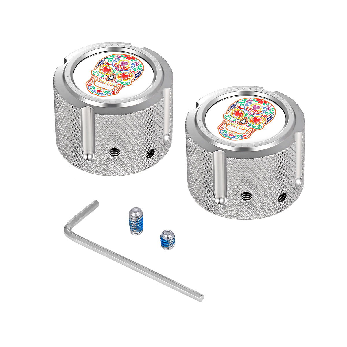 Aksel Covers til forhjul - i Poleret Rustfri Stål med Sugar Skull - Harley-Davidson Dyna, Softail & Touring