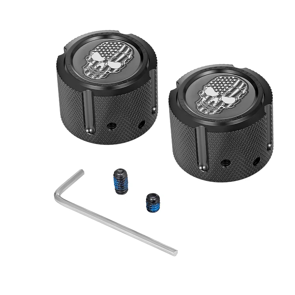 Aksel Covers til forhjul - i Sort Rustfri Stål med Contrast Cut Skull - Harley-Davidson Dyna, Softail & Touring