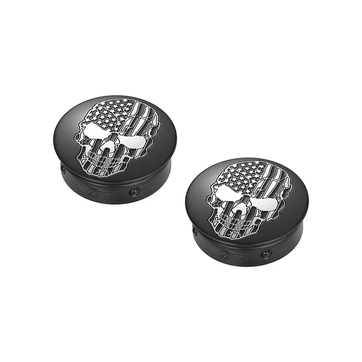 Harley-Davidson Svingarmsdæksler i Rustfrit Stål / Sort med Amerikansk Flag og Kranietryk