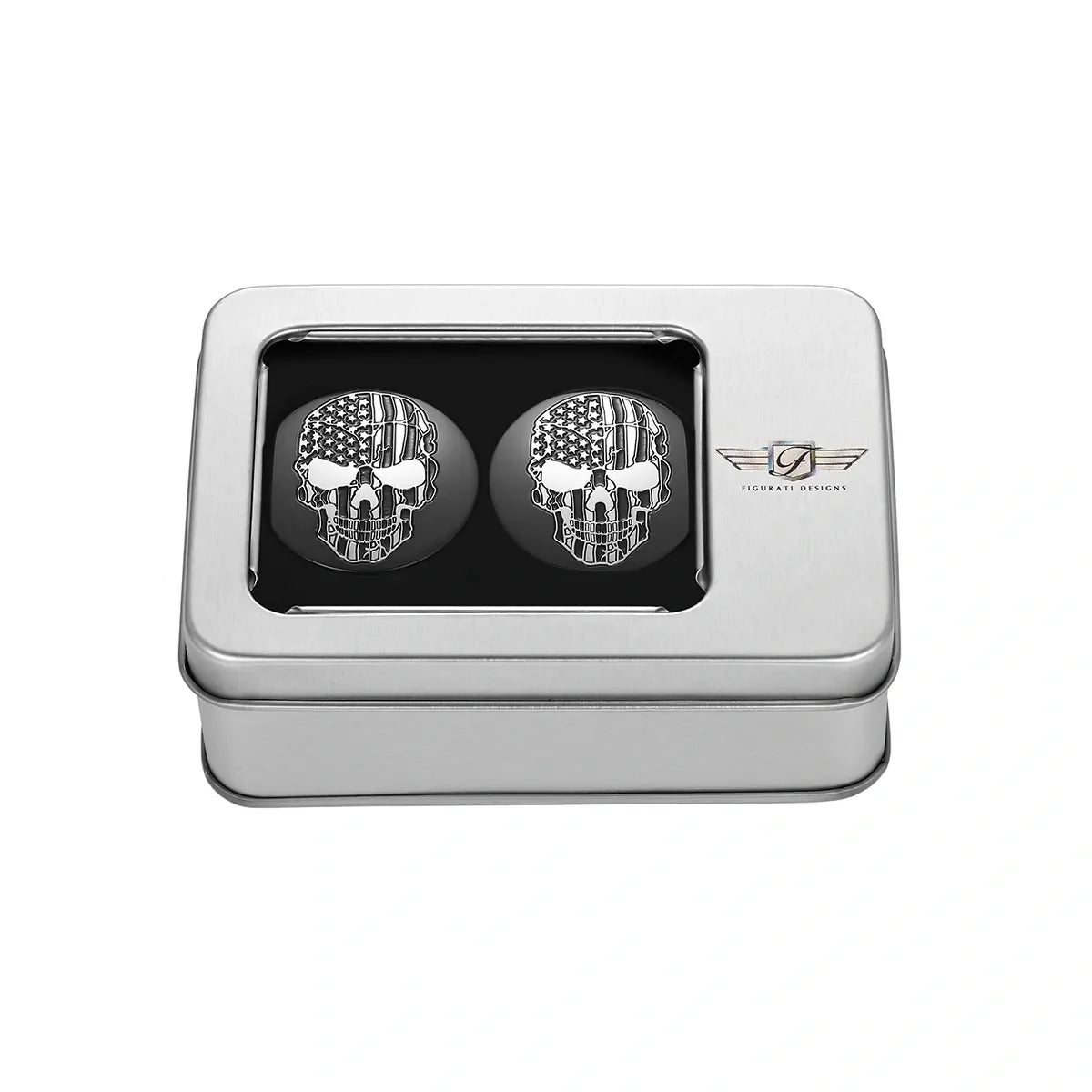 Harley-Davidson Svingarmsdæksler i Rustfrit Stål / Sort med Amerikansk Flag og Kranietryk