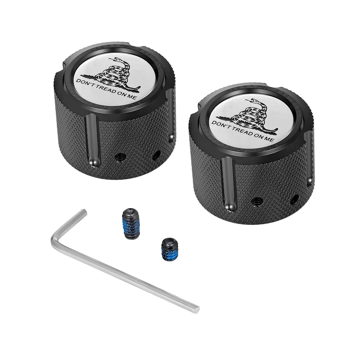 Aksel Covers til forhjul - i Sort Rustfri Stål med "Don't Tread on Me" - Harley-Davidson Dyna, Softail & Touring