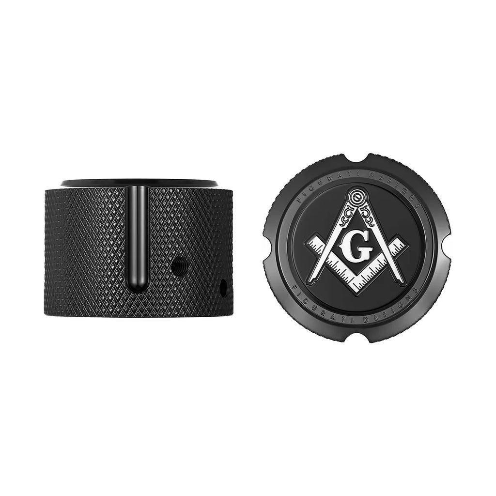 Figurati Aksel Covers til forhjul - i Sort Rustfri Stål med Black Masonic Emblem - Harley Dyna, Softail & Touring