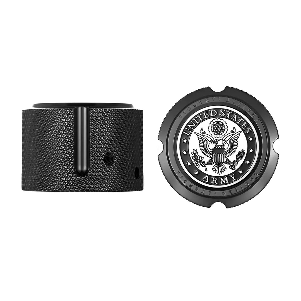 Figurati Aksel Covers til forhjul - i Sort Rustfri Stål med US Army Seal - Harley Dyna, Softail & Touring