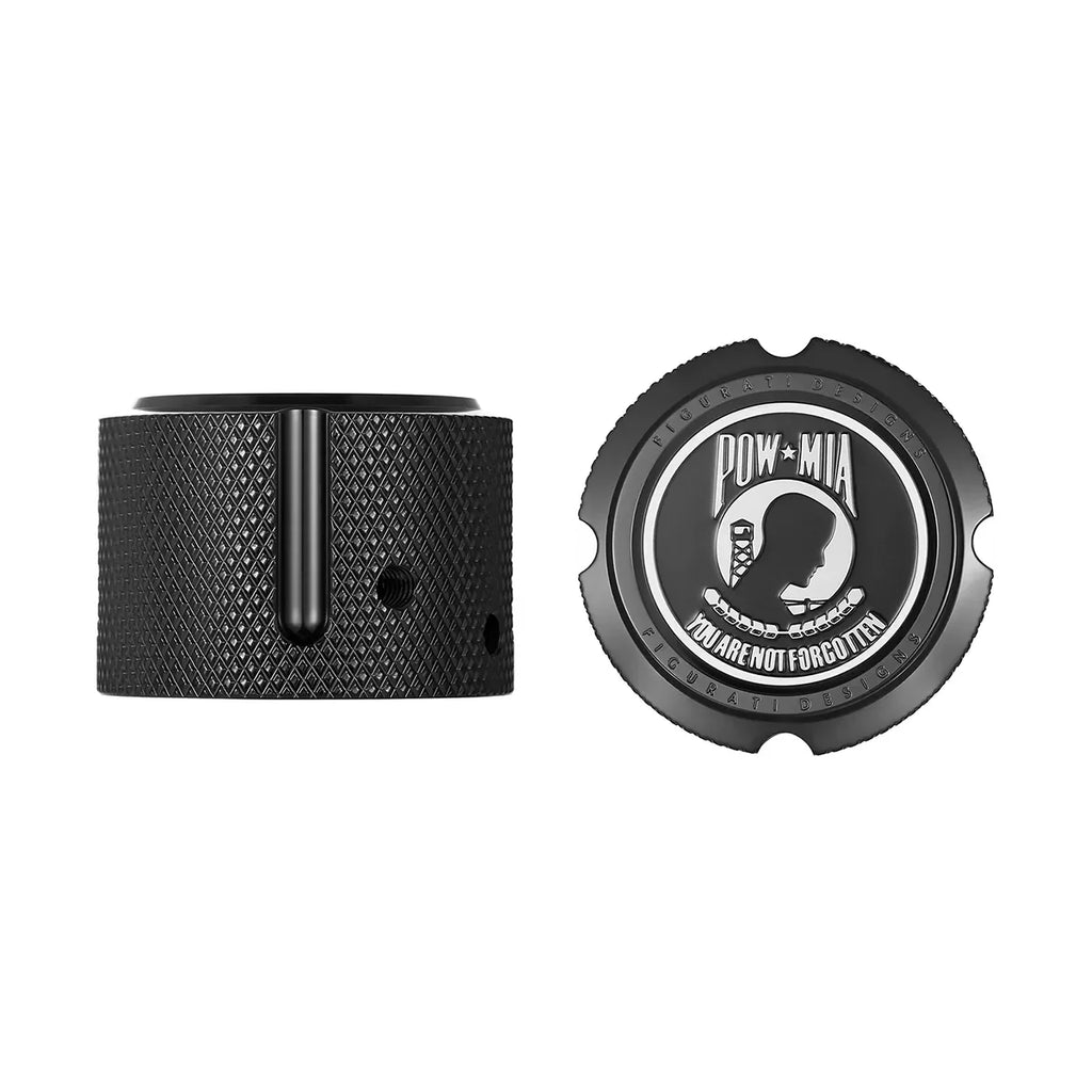 Figurati Aksel Covers til forhjul - i Sort Rustfri Stål med POW MIA Seal - Harley Dyna, Softail & Touring