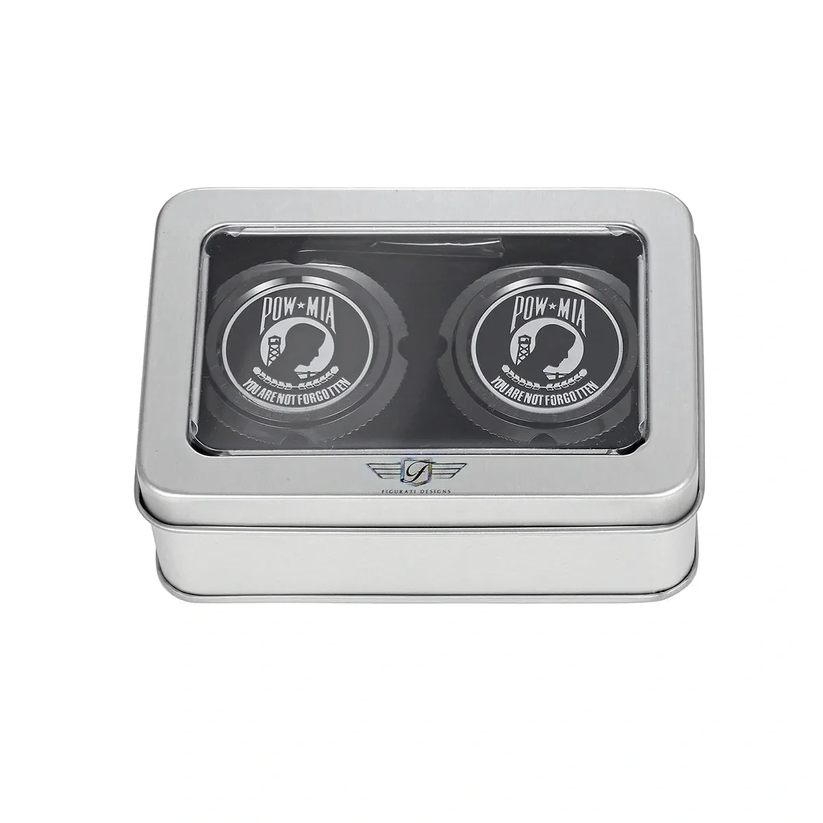 Aksel Covers til forhjul - i Sort Rustfri Stål med POW MIA Seal - Harley-Davidson Dyna, Softail & Touring