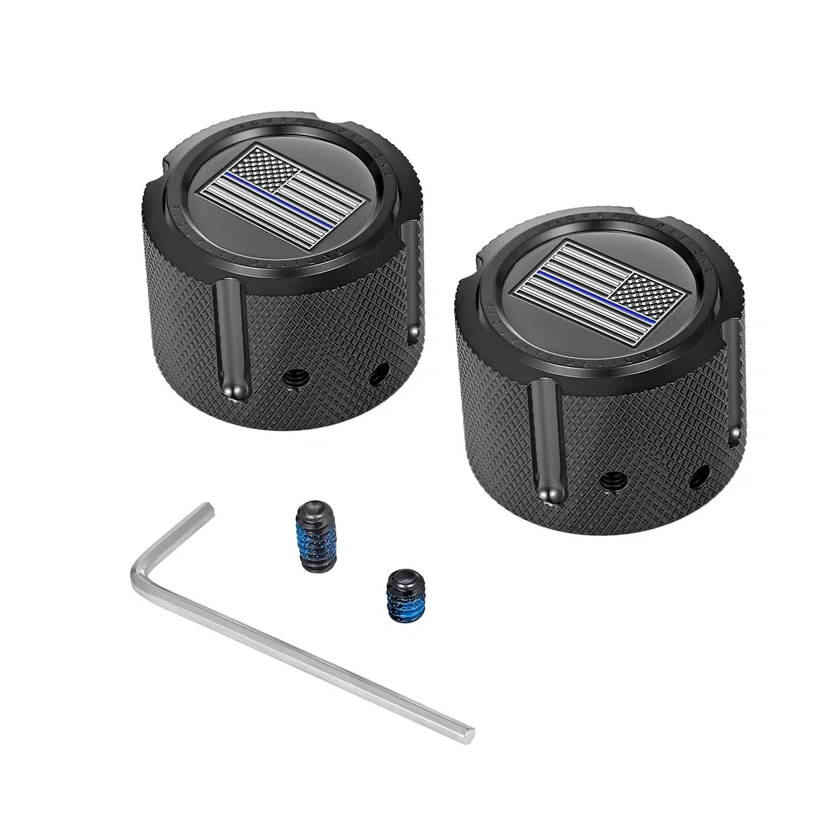 Aksel Covers til forhjul - i Sort Rustfri Stål med Black/Blue American Flag  - Harley-Davidson Dyna, Softail & Touring