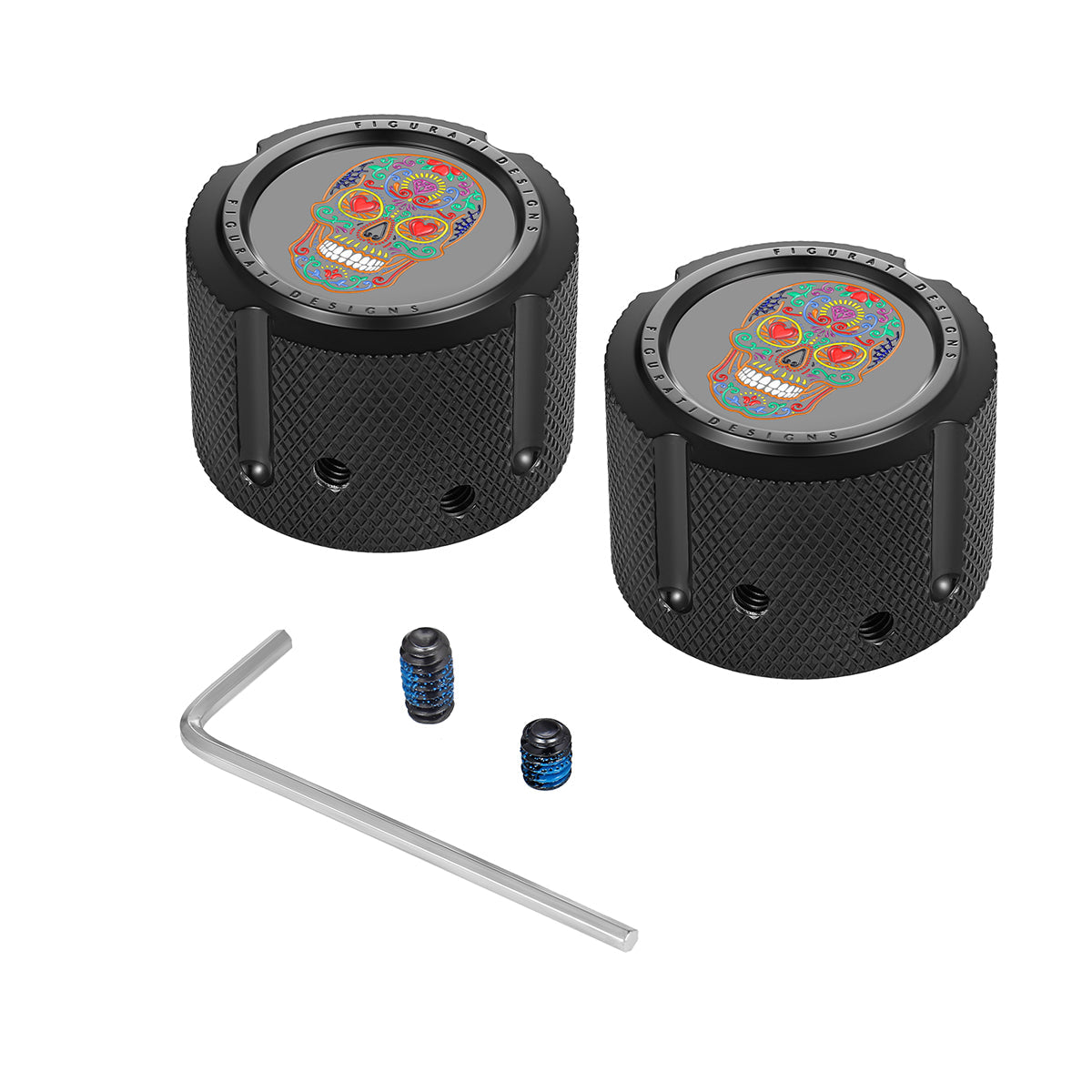 Aksel Covers til forhjul - i Sort Rustfri Stål med Sugar Skull - Harley-Davidson Dyna, Softail & Touring