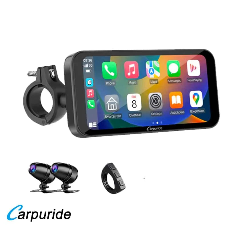 Carpuride – W603D Trådløs Apple Carplay/Android Auto med to kameraer, vandtæt skærm til motorcykel