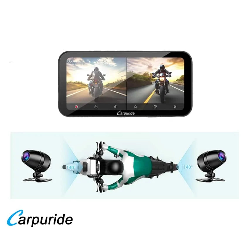 Carpuride – W603D Trådløs Apple Carplay/Android Auto med to kameraer, vandtæt skærm til motorcykel