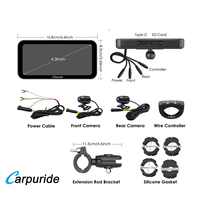 Carpuride – W603D Trådløs Apple Carplay/Android Auto med to kameraer, vandtæt skærm til motorcykel