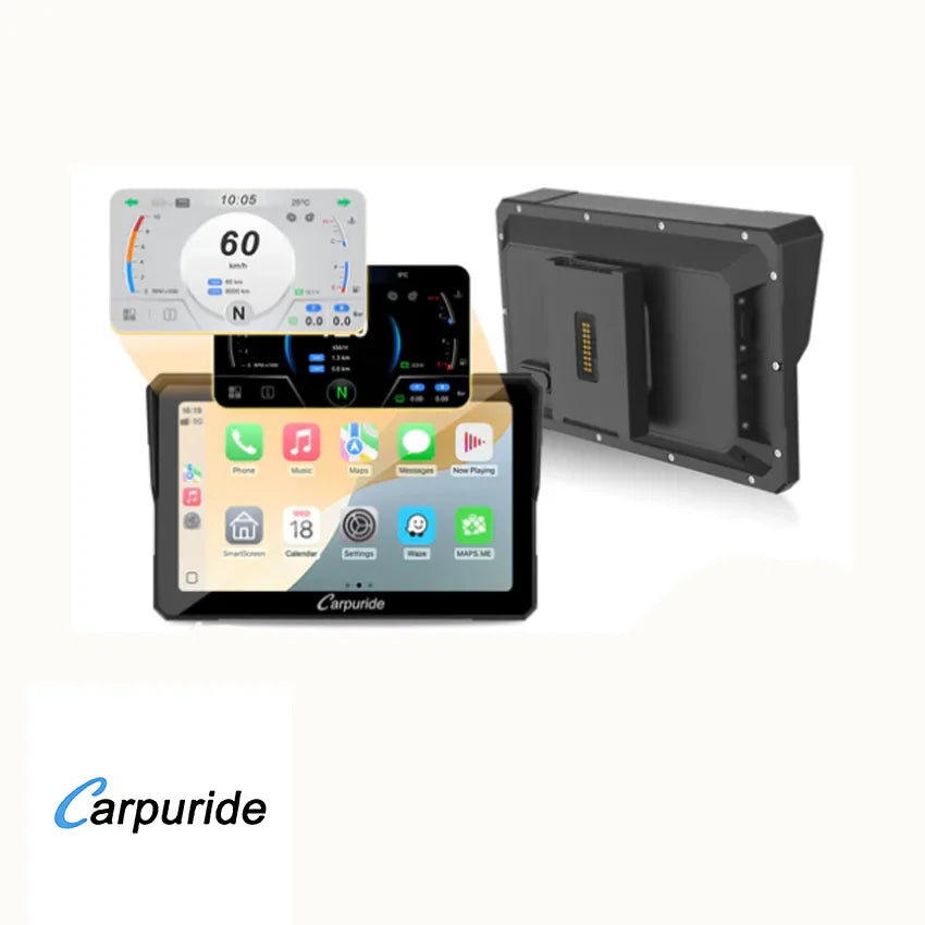 Carpuride – W702BS Trådløs Apple Carplay/Android Auto vandtæt skærm til BMW & Garmin Zumo beslag