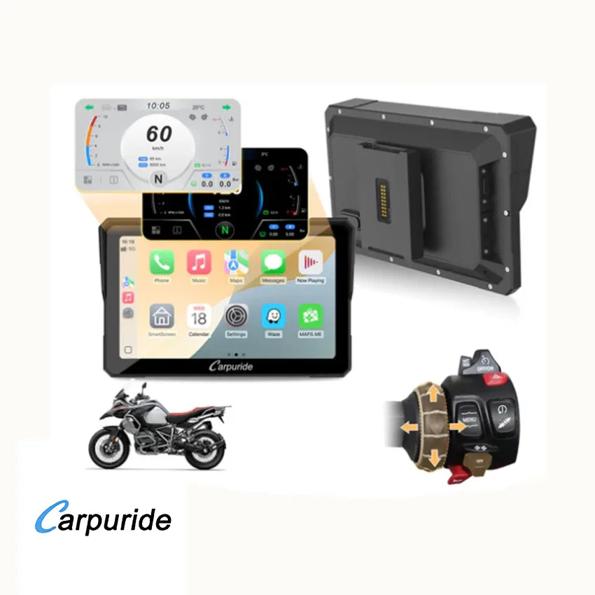 Carpuride – W702BS Trådløs Apple Carplay/Android Auto vandtæt skærm til BMW & Garmin Zumo beslag