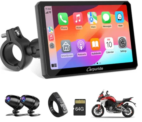Carpuride – W712D Trådløs Apple Carplay/Android Auto med to kameraer, vandtæt skærm til motorcykel