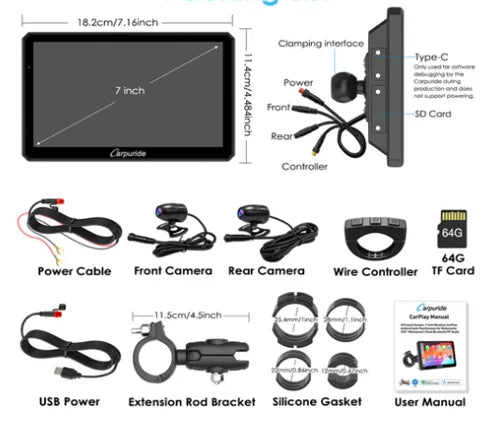 Carpuride – W712D Trådløs Apple Carplay/Android Auto med to kameraer, vandtæt skærm til motorcykel