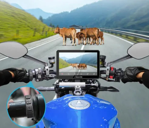 Carpuride – W712D Trådløs Apple Carplay/Android Auto med to kameraer, vandtæt skærm til motorcykel