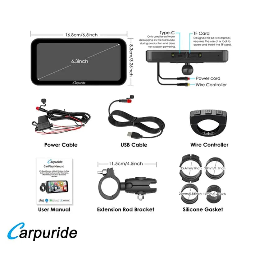 Carpuride – W603 Trådløs Apple Carplay/Android Auto vandtæt skærm til motorcykel