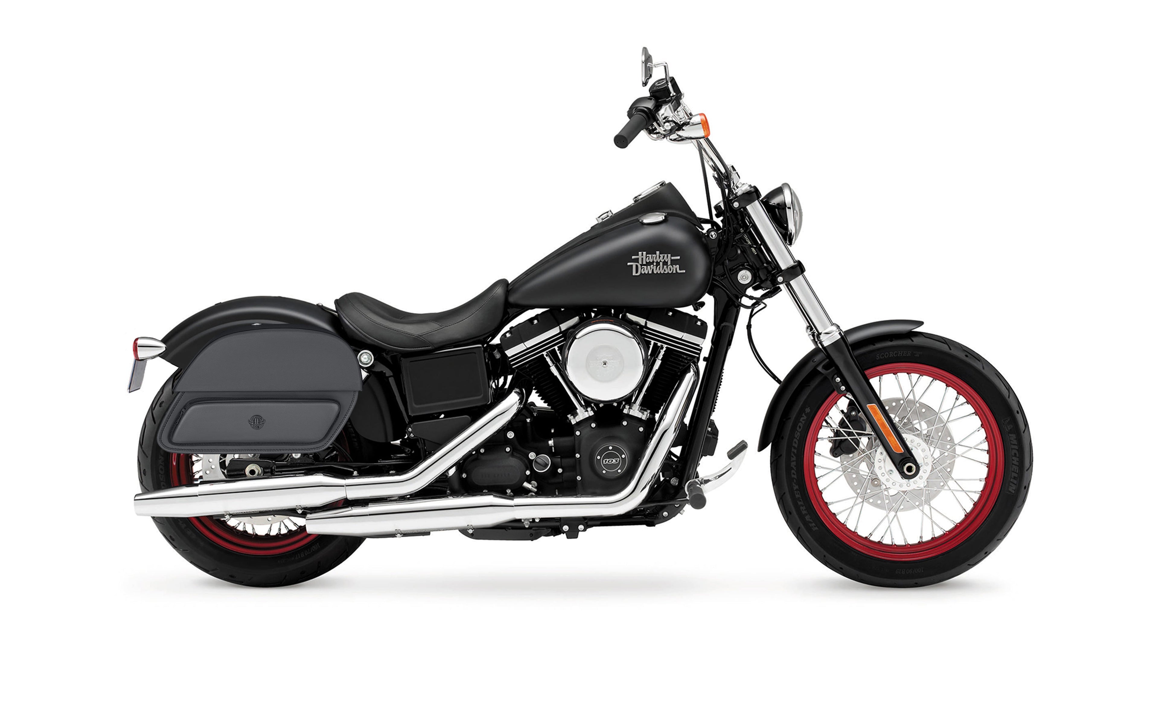 32L - Pantheon Large Hard Mount Shock Cutout Saddlebags for Harley Dyna Street Bob FXDB/I