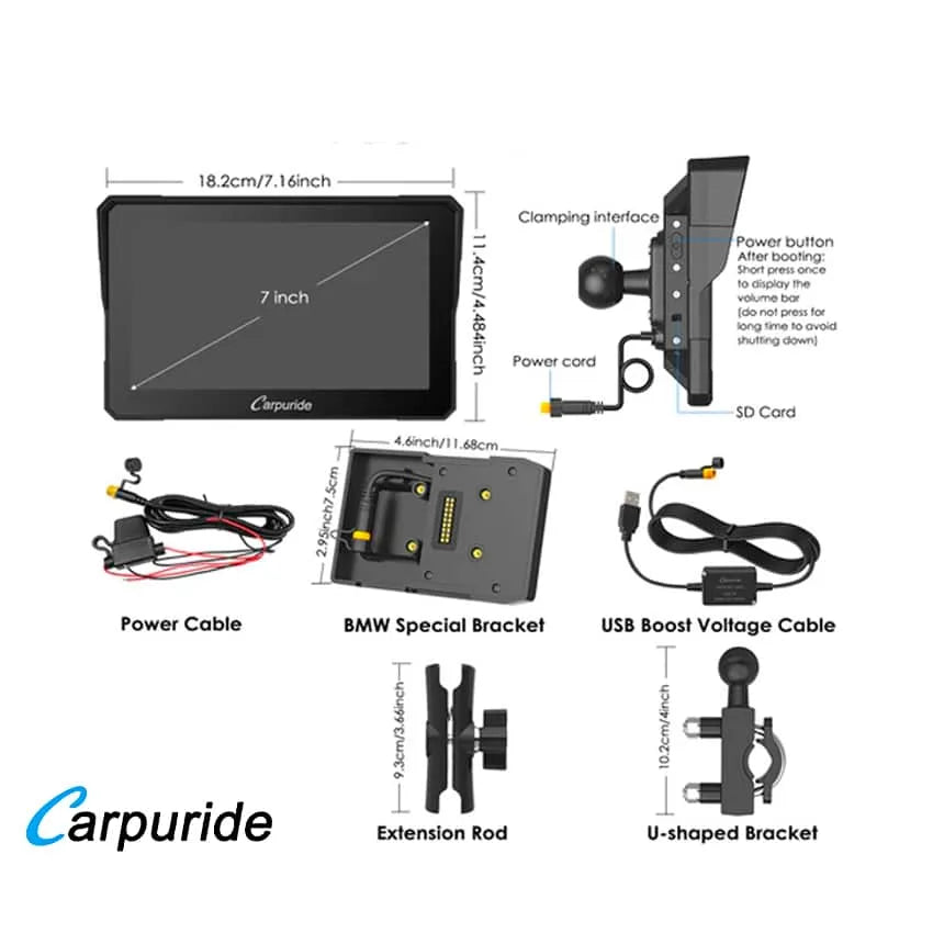 Carpuride – W702B Trådløs Apple Carplay/Android Auto vandtæt skærm til BMW motorcykel
